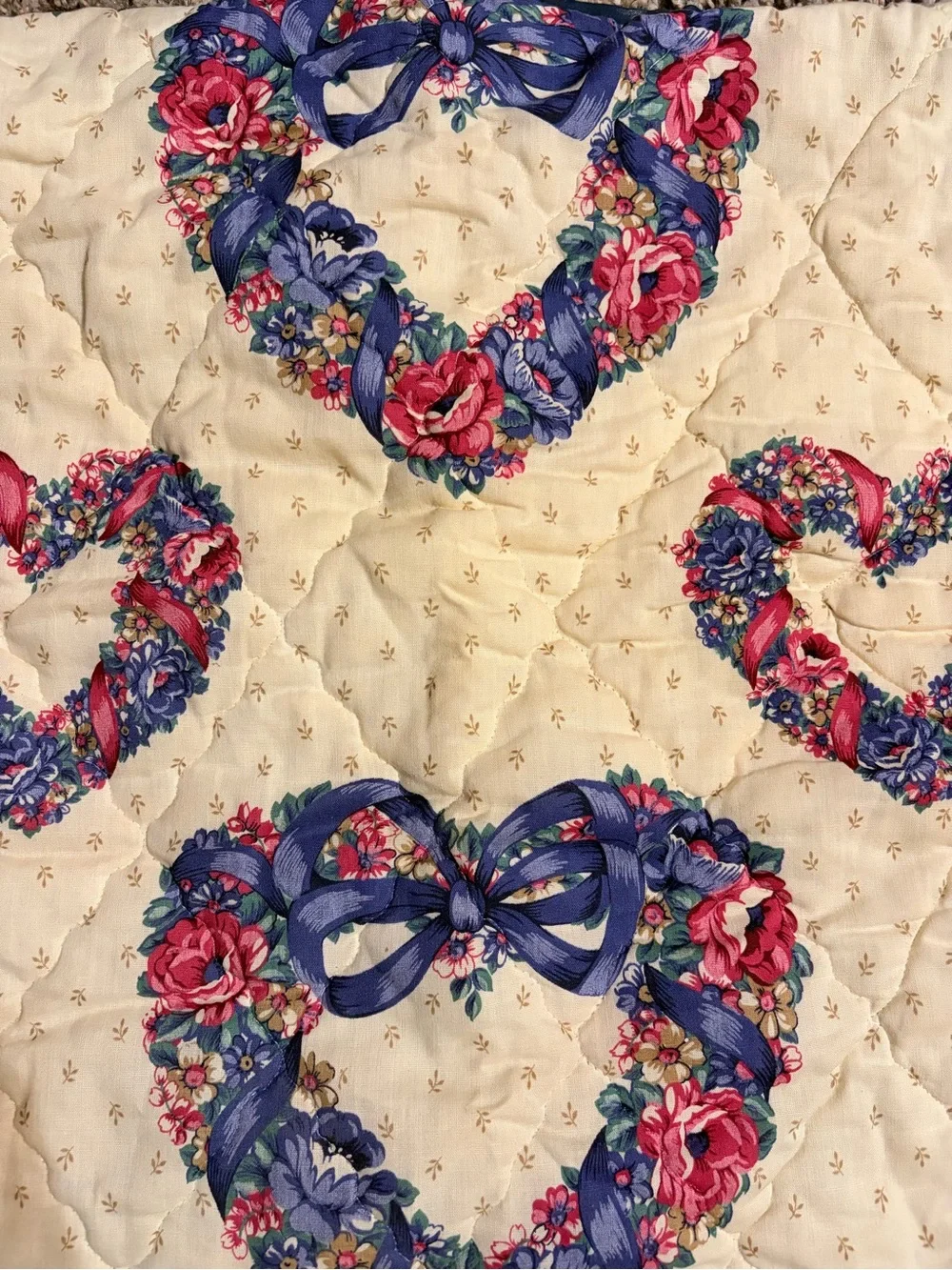 Vintage Floral Heart Quilted Pillow Case Set - Blue & Cream